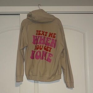 Tan Hoodie with Pink and Red Text